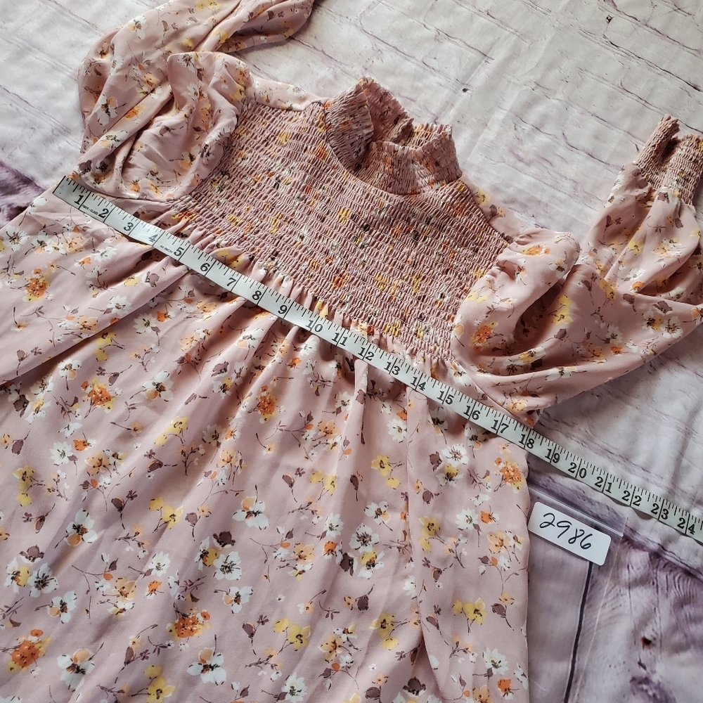 Cure Floral Smoked Blouse Baloon Sleeves High-neck Loose Fit Keyhole Size Small - Picture 8 of 10